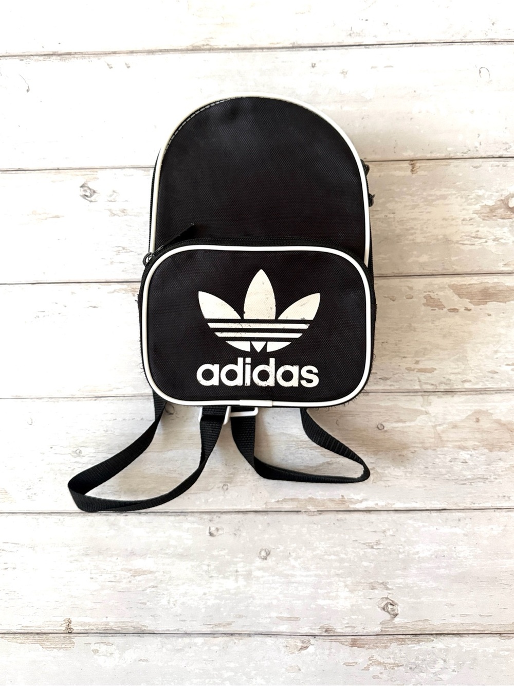 Adidas Mini Backpack Purse 2 Pockets Black White Bag Zipper Pull 9x7x4in